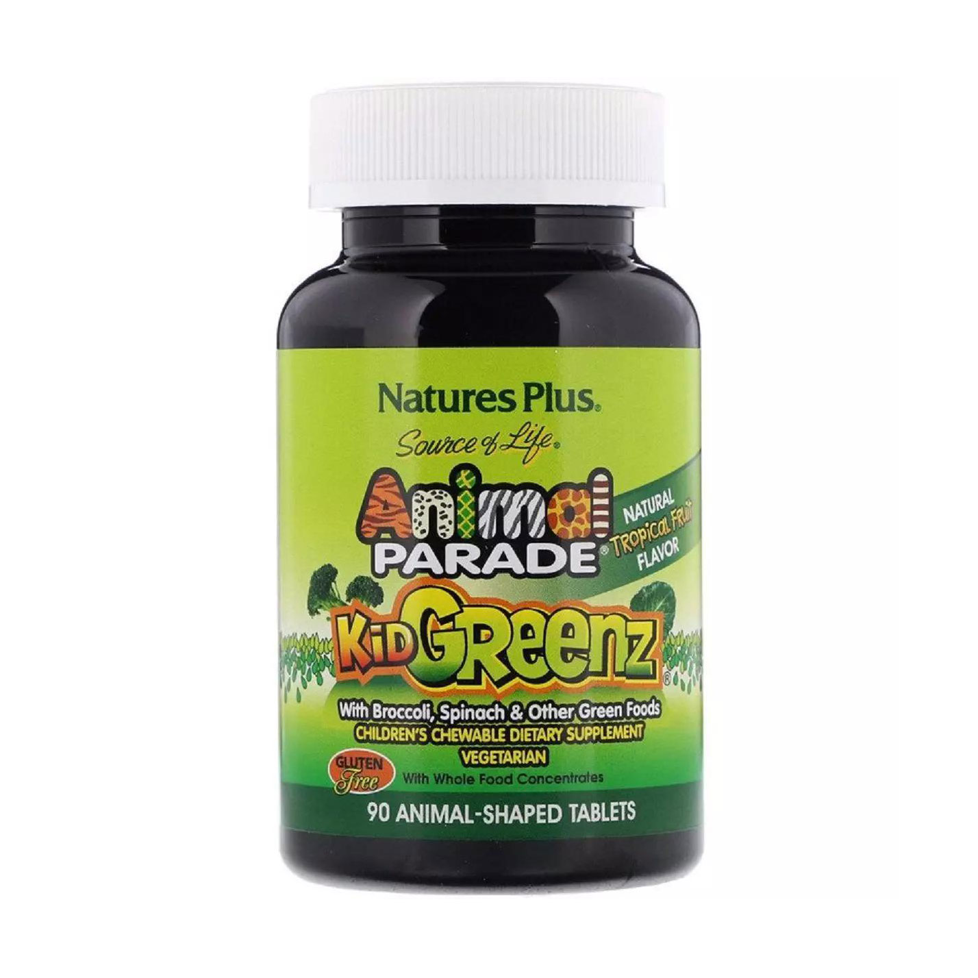 Вітаміни для дітей NaturesPlus Animal Parade Kid Greenz зі смаком тропічних фруктів, 90 жувальних таблеток